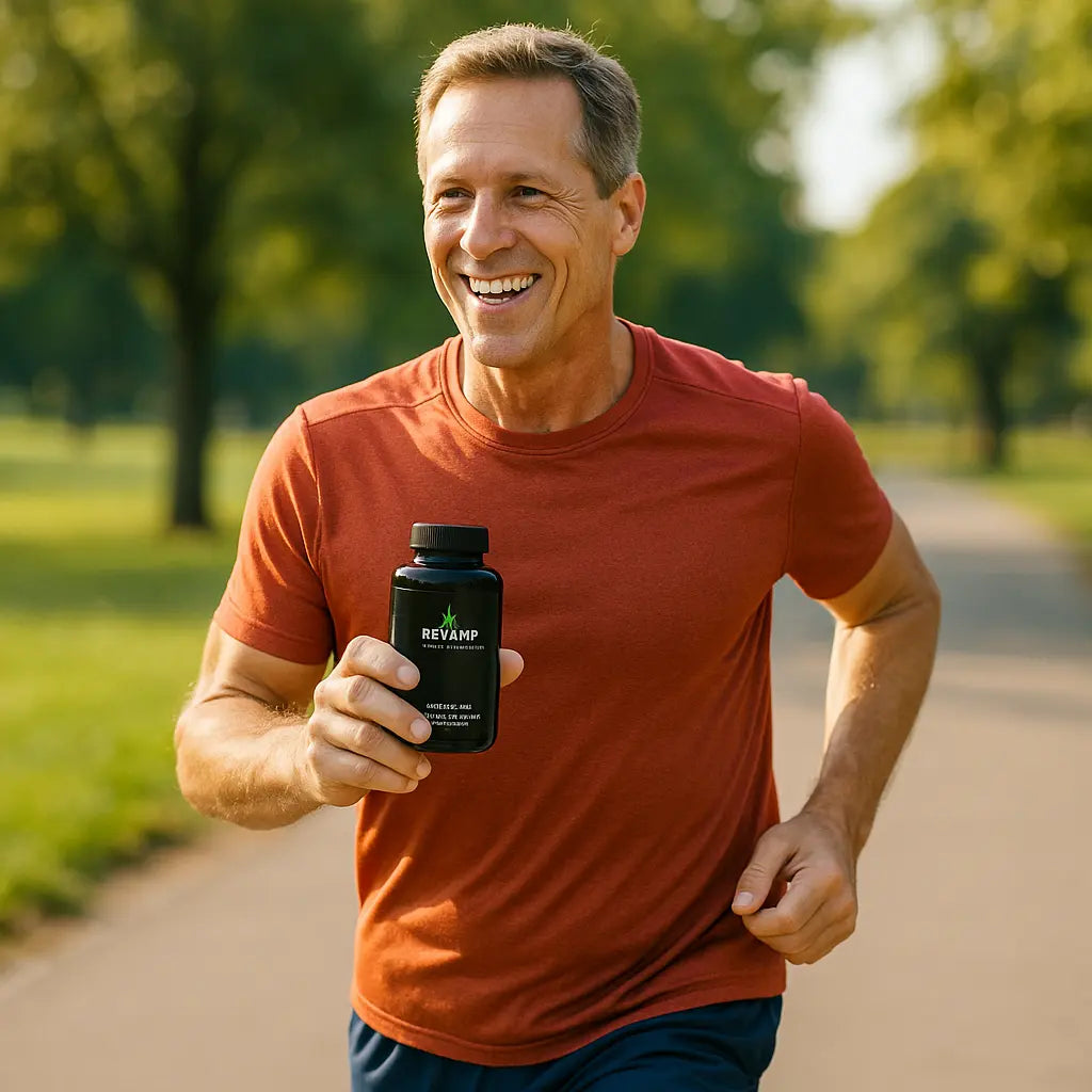 Man running outdoors holding a supplement bottle with 'REVAMP' branding.